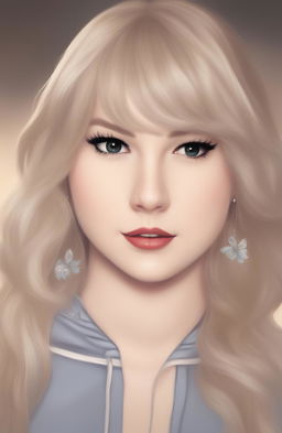 A high-quality digital art image featuring the Wojak meme character styled as Taylor Swift, combining the simplicity of the meme with the detailed, realistic depiction of the music artist
