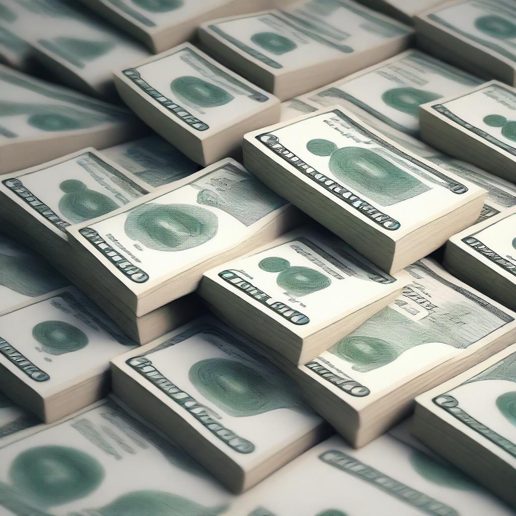 A high-quality digital art image showcasing a pile of crisp, freshly minted banknotes