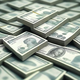 A high-quality digital art image showcasing a pile of crisp, freshly minted banknotes
