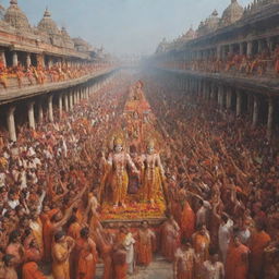 The triumphant return of Lord Rama, Sita, and Laxman, accompanied by Hanuman, to Ayodhya. The scene is filled with joy and celebration, with elaborately decorated streets and welcoming crowds.