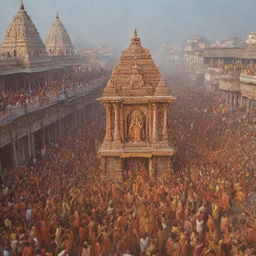 The triumphant return of Lord Rama, Sita, and Laxman, accompanied by Hanuman, to Ayodhya. The scene is filled with joy and celebration, with elaborately decorated streets and welcoming crowds.