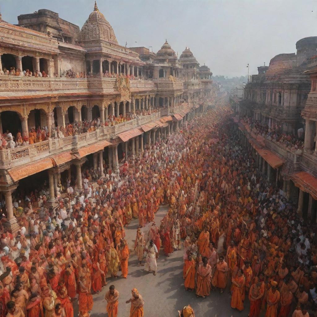 The triumphant return of Lord Rama, Sita, and Laxman, accompanied by Hanuman, to Ayodhya. The scene is filled with joy and celebration, with elaborately decorated streets and welcoming crowds.