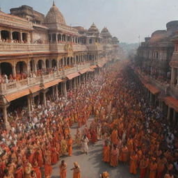 The triumphant return of Lord Rama, Sita, and Laxman, accompanied by Hanuman, to Ayodhya. The scene is filled with joy and celebration, with elaborately decorated streets and welcoming crowds.