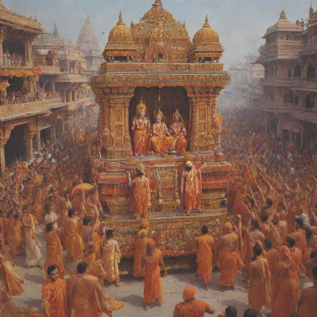 The triumphant return of Lord Rama, Sita, and Laxman, accompanied by Hanuman, to Ayodhya. The scene is filled with joy and celebration, with elaborately decorated streets and welcoming crowds.