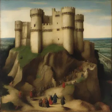 The painting depicted a medieval fortress embattled on a hill, showcasing the artist's attention to detail.