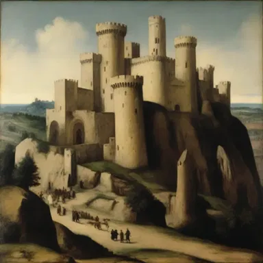 The painting depicted a medieval fortress embattled on a hill, showcasing the artist's attention to detail.