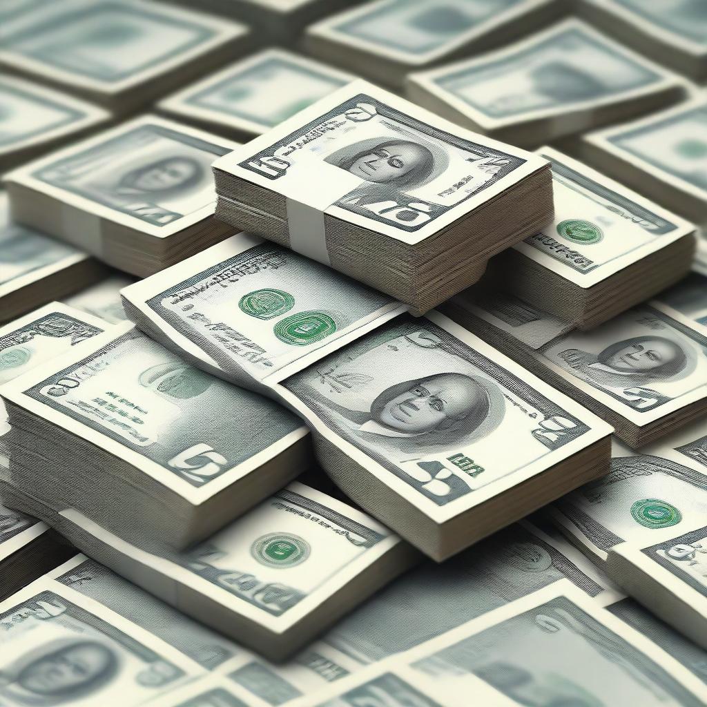 A high-quality digital art image featuring an even larger pile of crisp, freshly minted banknotes than before