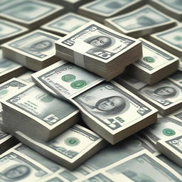 A high-quality digital art image featuring an even larger pile of crisp, freshly minted banknotes than before