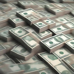 A high-quality digital art image featuring an even larger pile of crisp, freshly minted banknotes than before