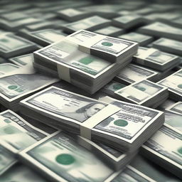 A high-quality digital art image featuring an even larger pile of crisp, freshly minted banknotes than before