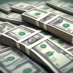 A high-quality digital art image featuring an even larger pile of crisp, freshly minted banknotes than before