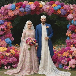 A Muslim couple in their wedding attire, standing outside surrounded by a multitude of colorful flowers