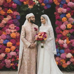 A Muslim couple in their wedding attire, standing outside surrounded by a multitude of colorful flowers