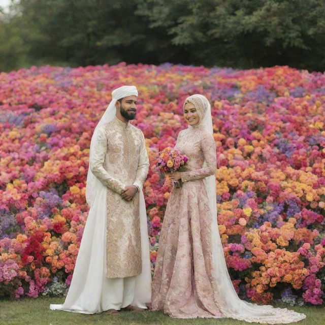 A Muslim couple in their wedding attire, standing outside surrounded by a multitude of colorful flowers