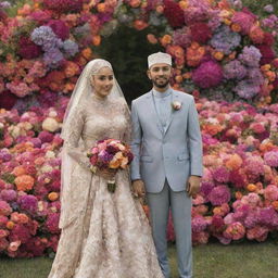 A Muslim couple in their wedding attire, standing outside surrounded by a multitude of colorful flowers