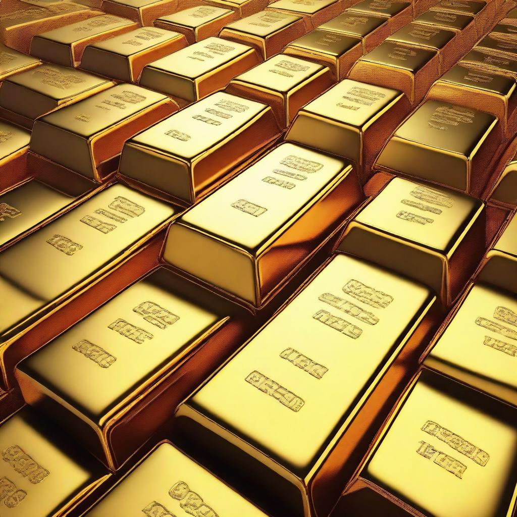 A high-quality digital art image depicting a pile of gleaming gold bars