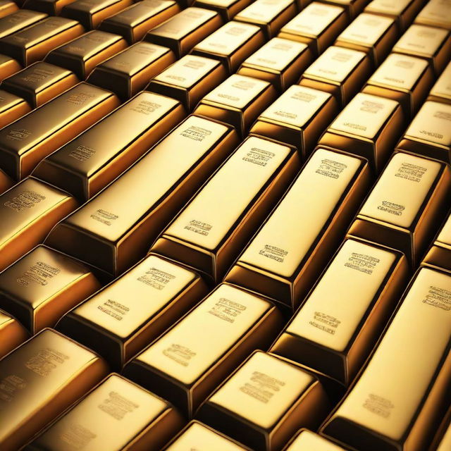 A high-quality digital art image depicting a pile of gleaming gold bars