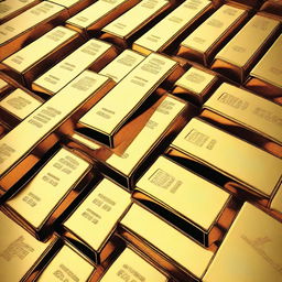 A high-quality digital art image depicting a pile of gleaming gold bars