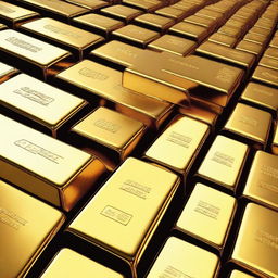 A high-quality digital art image depicting a pile of gleaming gold bars