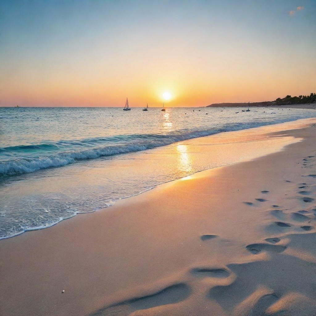 A serene beach during the golden hour, with white, soft sand, shimmering turquoise waters, distant sailboats, and a radiant, melting sun in a color-splashed sky.