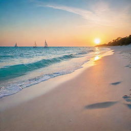 A serene beach during the golden hour, with white, soft sand, shimmering turquoise waters, distant sailboats, and a radiant, melting sun in a color-splashed sky.