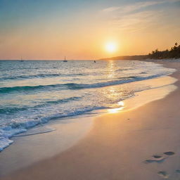 A serene beach during the golden hour, with white, soft sand, shimmering turquoise waters, distant sailboats, and a radiant, melting sun in a color-splashed sky.