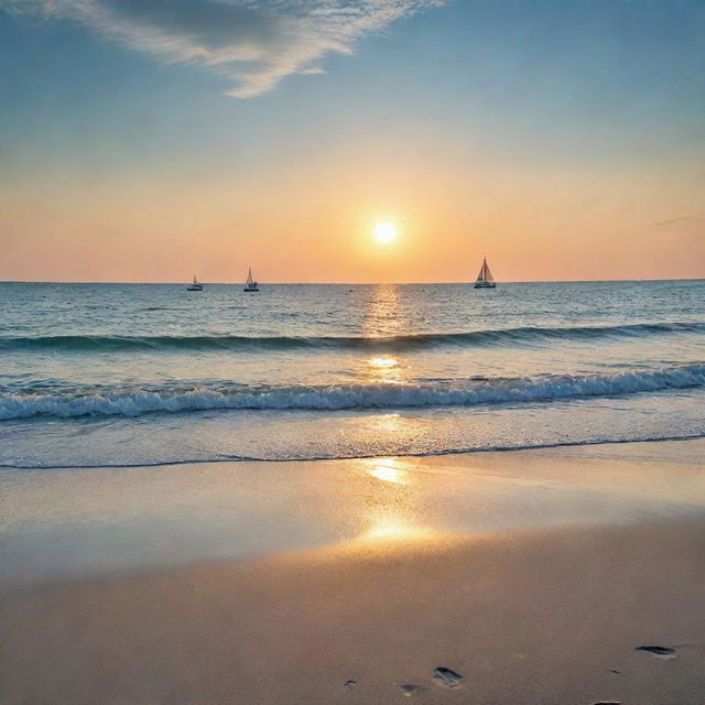 A serene beach during the golden hour, with white, soft sand, shimmering turquoise waters, distant sailboats, and a radiant, melting sun in a color-splashed sky.