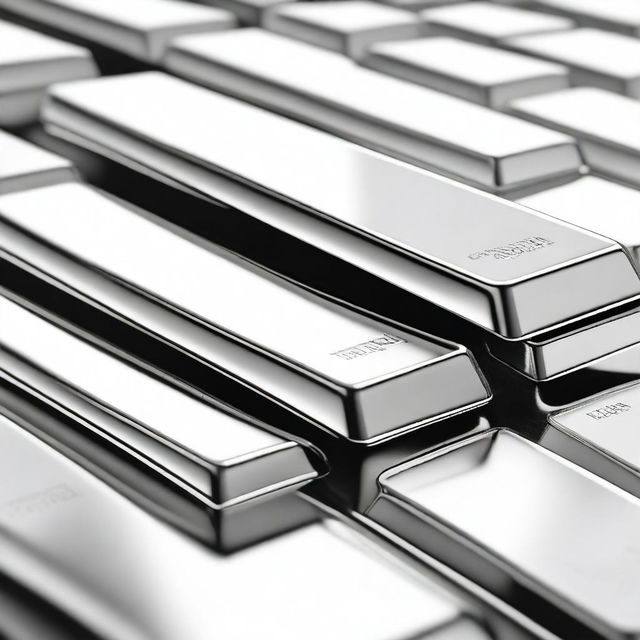 A high-quality digital art image presenting a collection of lustrous silver bars