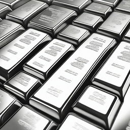 A high-quality digital art image presenting a collection of lustrous silver bars