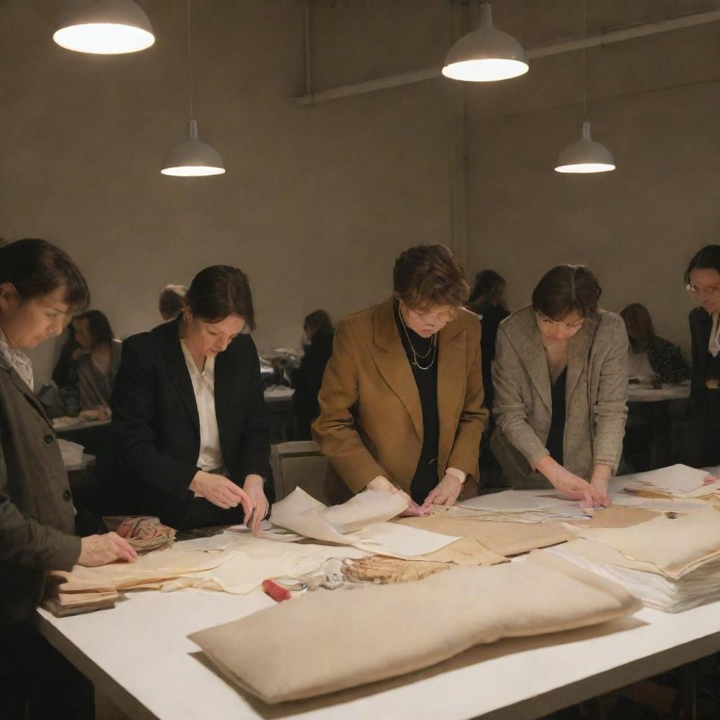 A group of people diligently sorting out various materials and fabrics, intended for crafting jackets, on a large table under the soft glow of an overhead light.