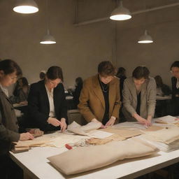 A group of people diligently sorting out various materials and fabrics, intended for crafting jackets, on a large table under the soft glow of an overhead light.