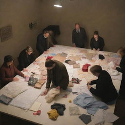 A group of people diligently sorting out various materials and fabrics, intended for crafting jackets, on a large table under the soft glow of an overhead light.