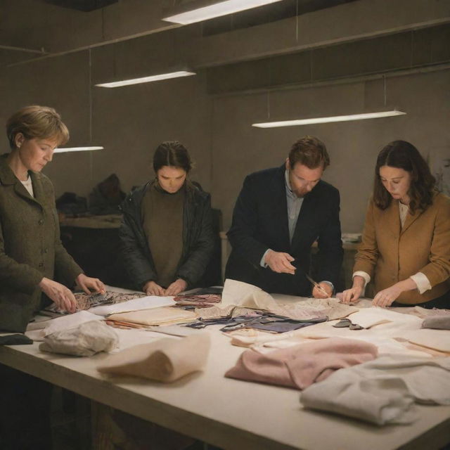 A group of people diligently sorting out various materials and fabrics, intended for crafting jackets, on a large table under the soft glow of an overhead light.