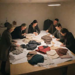 A group of people diligently sorting out various materials and fabrics, intended for crafting jackets, on a large table under the soft glow of an overhead light.