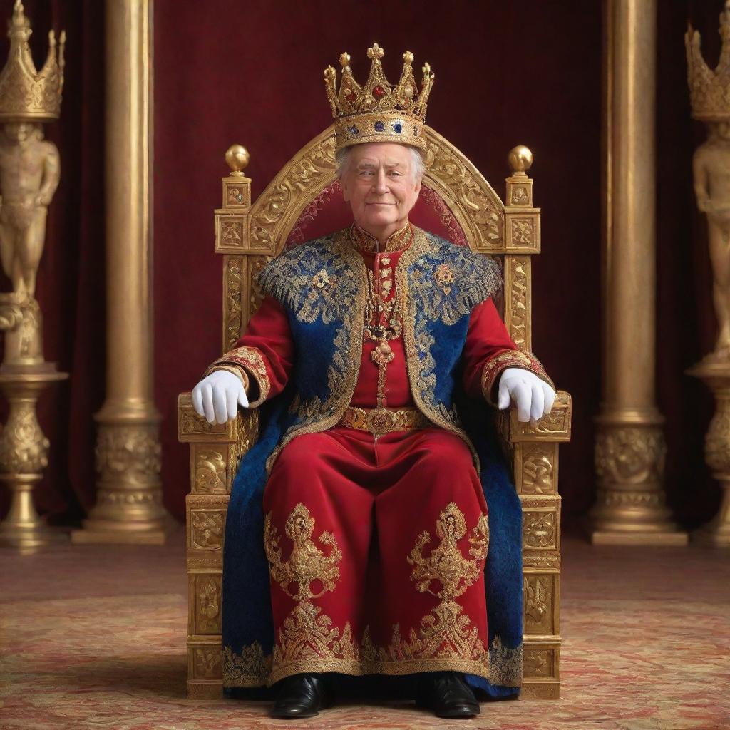 A regal scene in Disney Pixar style of a king adorning a crown, seated majestically on his throne, holding a scepter in the royal palace brimming with golden artefacts.