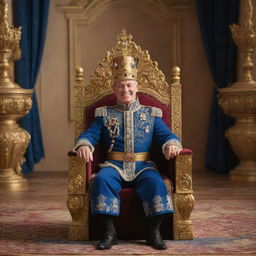 A regal scene in Disney Pixar style of a king adorning a crown, seated majestically on his throne, holding a scepter in the royal palace brimming with golden artefacts.