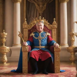 A regal scene in Disney Pixar style of a king adorning a crown, seated majestically on his throne, holding a scepter in the royal palace brimming with golden artefacts.