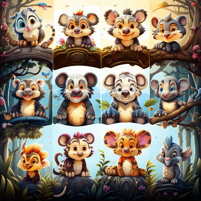 A high-quality digital art piece divided into four sections, each representing an hour of the day, with a variety of adorable, detailed animals arranged in each quadrant