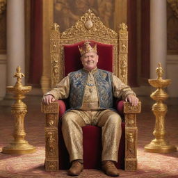 A regal scene in Disney Pixar style of a king adorning a crown, seated majestically on his throne, holding a scepter in the royal palace brimming with golden artefacts.