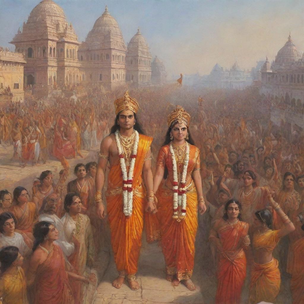 A grand and emotional scene of Shri Ram and Sita entering the city of Ayodhya, amidst a crowd joyously celebrating their return. Traditional Indian architecture and clothing emphasized.