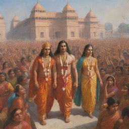 A grand and emotional scene of Shri Ram and Sita entering the city of Ayodhya, amidst a crowd joyously celebrating their return. Traditional Indian architecture and clothing emphasized.