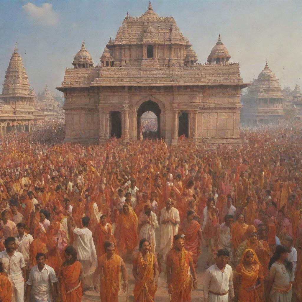 A grand and emotional scene of Shri Ram and Sita entering the city of Ayodhya, amidst a crowd joyously celebrating their return. Traditional Indian architecture and clothing emphasized.