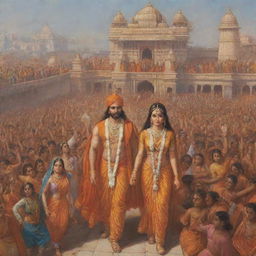 A grand and emotional scene of Shri Ram and Sita entering the city of Ayodhya, amidst a crowd joyously celebrating their return. Traditional Indian architecture and clothing emphasized.