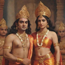 Emotional return of Shri Ram and Sita to Ayodhya Nagari, with detailed, expressive facial features and a ceremonial atmosphere