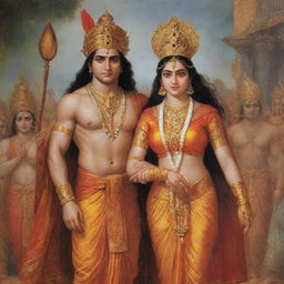 Emotional return of Shri Ram and Sita to Ayodhya Nagari, with detailed, expressive facial features and a ceremonial atmosphere