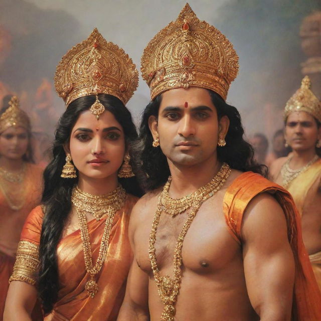 Emotional return of Shri Ram and Sita to Ayodhya Nagari, with detailed, expressive facial features and a ceremonial atmosphere