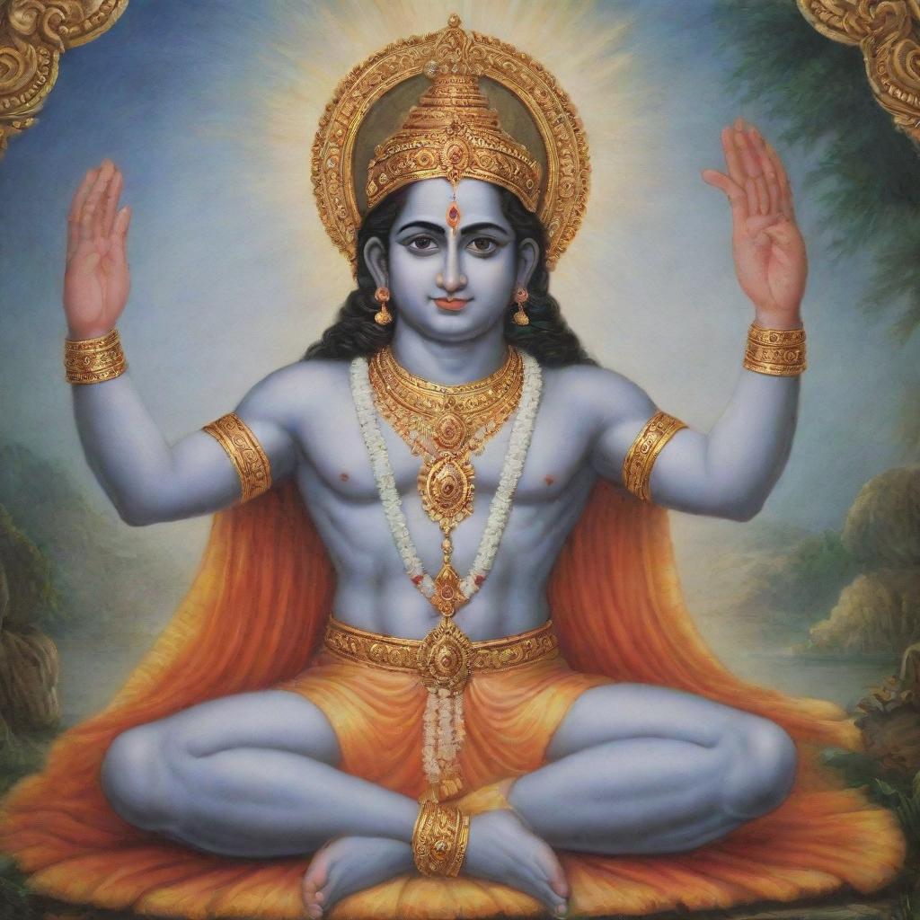 Lord Shree Ram seated in a serene, divine setting in front of the viewer, his hand raised in blessing.