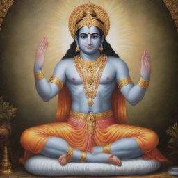 Lord Shree Ram seated in a serene, divine setting in front of the viewer, his hand raised in blessing.