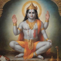 Lord Shree Ram seated in a serene, divine setting in front of the viewer, his hand raised in blessing.