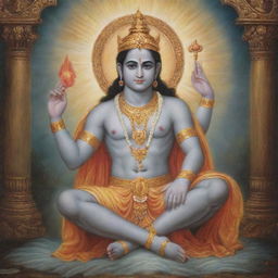 Lord Shree Ram seated in a serene, divine setting in front of the viewer, his hand raised in blessing.